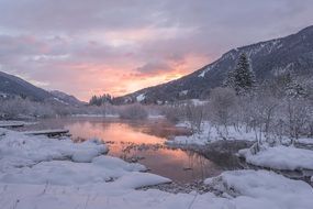 winter mountain river pink sunset