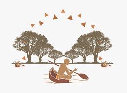 Indians in Boats on water near Forest, drawing