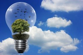 tree in light bulb at Sky, renewable energy, digital art