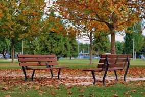 two benches in the autumn Park