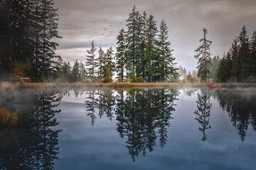 camping on the shore of a foggy lake