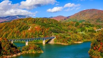 Landscape of Bridge over the lake and Mountains