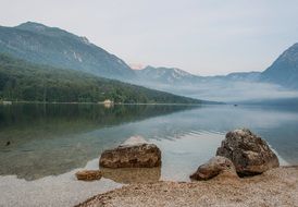 reflection of forest and mountains on the surface of the lake