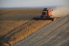 Soybeans Harvester at work on field, brazil