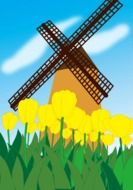 yellow tulips near the mill as a colorful drawing