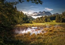 walk along the mountain lake in the Alps