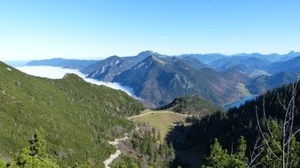 Beautiful, scenic, green alpine mountains from above on landscape with Walchensee in Germany