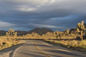 storm clouds over winding highway in the desert