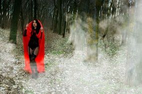 sexyGirl in red dress foggy forest