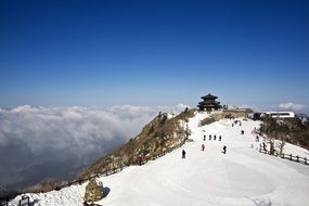 tourists in the snowy mountains of korea