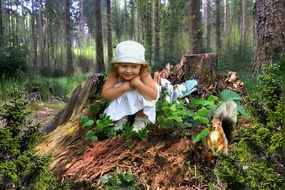 a child in the forest looks at a squirrel