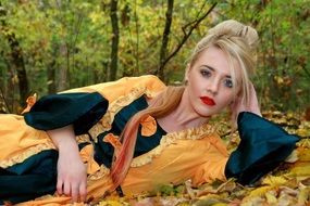 blonde Girl in orange Dress Autumn season