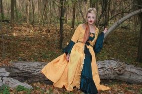 long haired Girl in orange Dress Autumn view