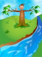 drawing of a man in the form of a tree near the river