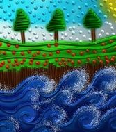 Beautiful and colorful artistic landscape of the green coastline with red flowers and trees