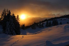 scenic Wintry Landscape, sunrise in Mountains, Italy