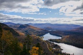 panoramic view of Forest on hills and river at fall