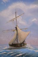 Beautiful drawing of the sailboat sailing on the waves of the blue ocean