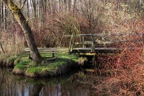 landscape of wooden ferry and wooden bench by the pond