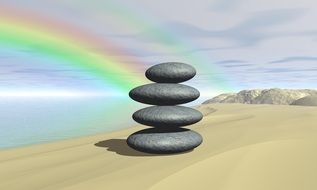 folded pebbles on the beach on a rainbow background