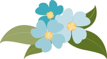 Drawing of the beautiful blue flowers of different shades with green leaves at white background