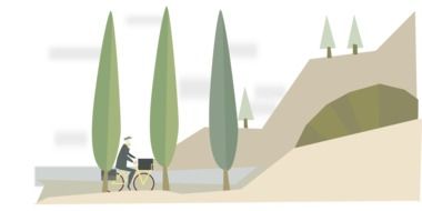 drawing of a cyclist near green trees