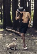 topless model with french bulldog