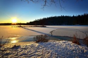 Frozen Lake at Winter Sunset, canada, quÃ©bec