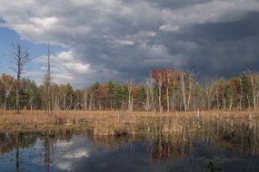 Stormy clouds above Wetland, Autumn Landscape, usa, new england
