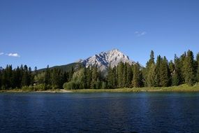 forest by the lake against a majestic mountain in Canada