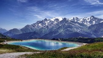 panorama of the lake against the backdrop of the Mont Blanc mountain peak in Europe