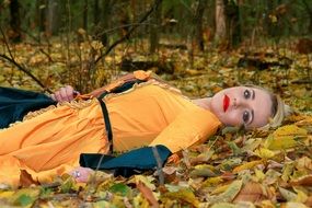 Blonde Girl in yellow Dress Autumn view