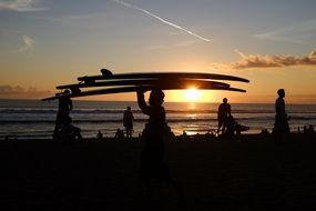 Silhouettes of the people and sunet on the beach