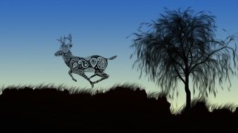 Beautiful patterned silhouette of a deer near a tree at colorful gradient dusk