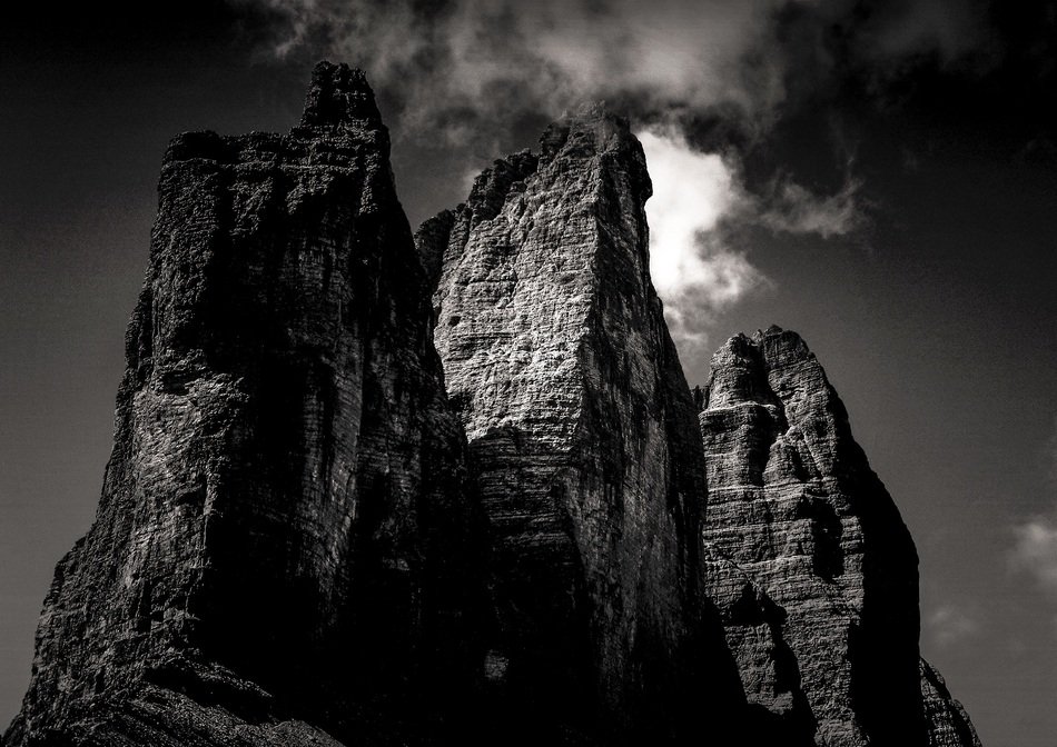 Black and white photo of Dolomites