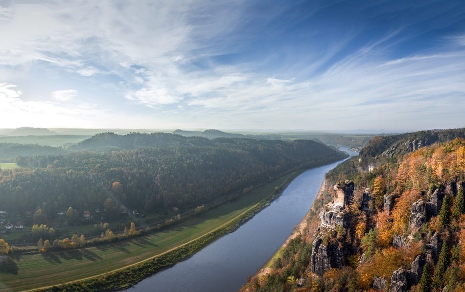top view of the river in the valley on a sunny day