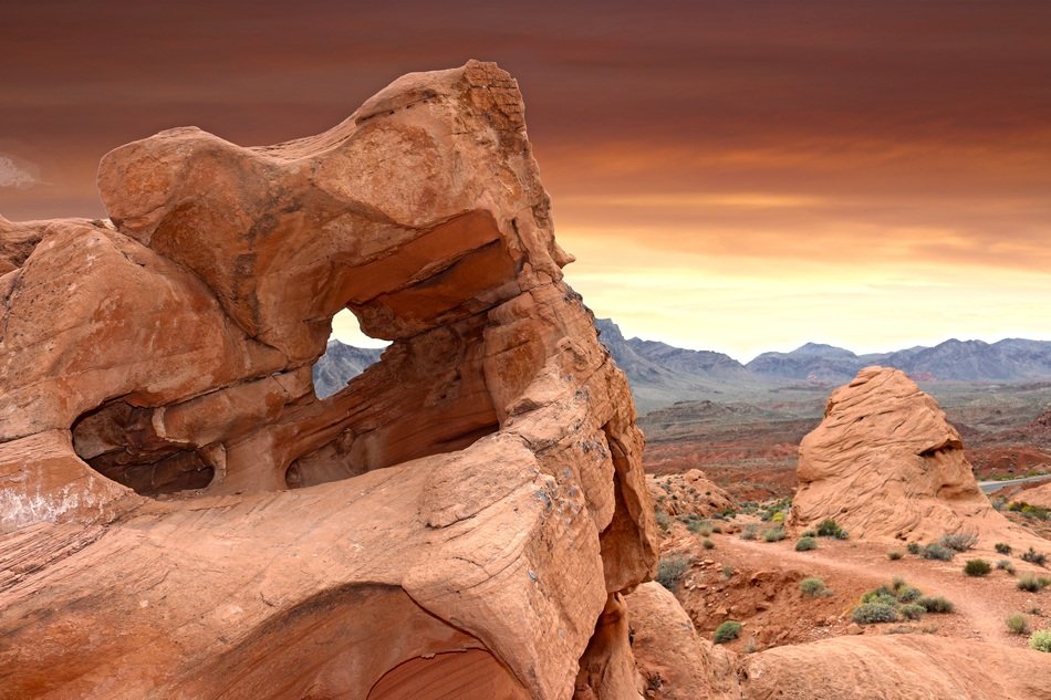 Beautiful panorama of colorful cliffs in the valley of fire in the desert of Vegas under colorful sky