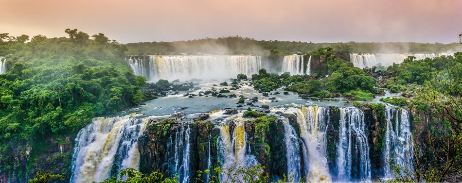 Panorama of a tropical waterfall on the Iquazu River