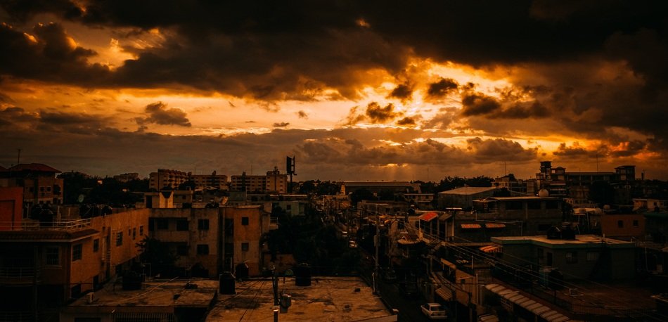 orange sky over the city in the film