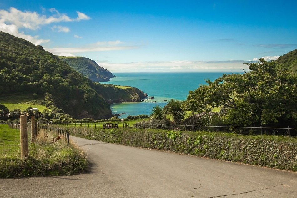 colorful panorama of the green coast in Devon