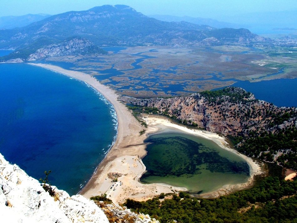 aerial view of costline and mountains