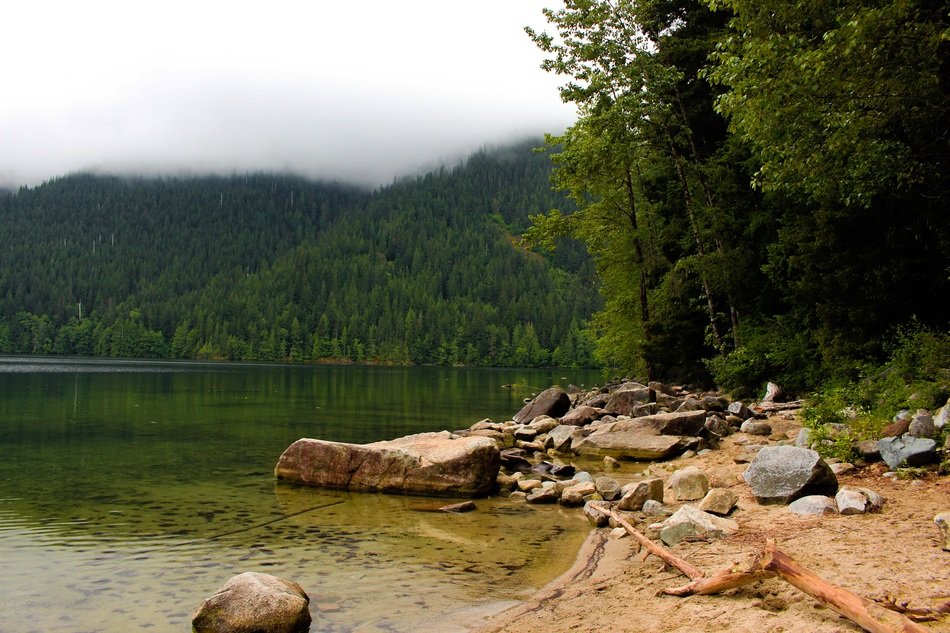 smoke over the forest near the lake