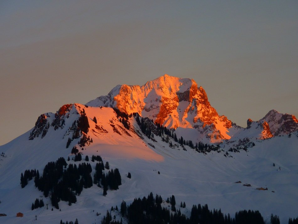 reflection of a pink sunset on top of a snowy Alps
