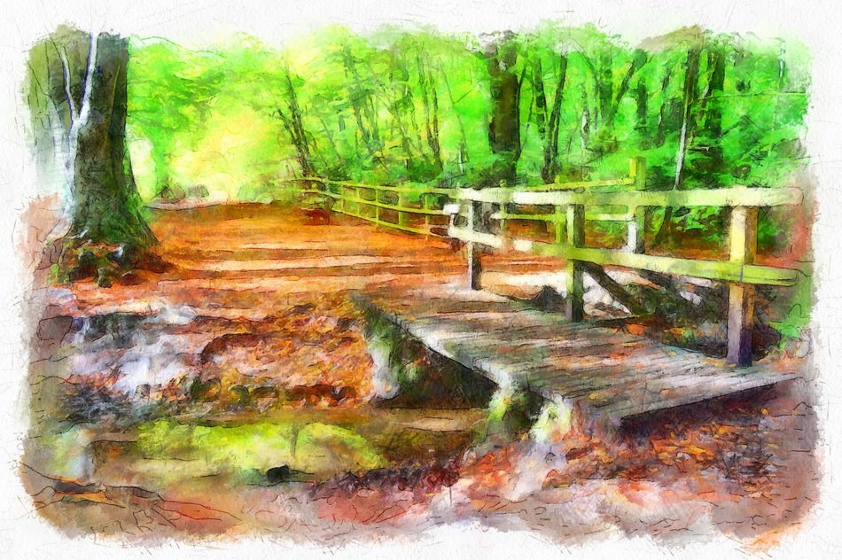 bright picture depicting a bridge in a park