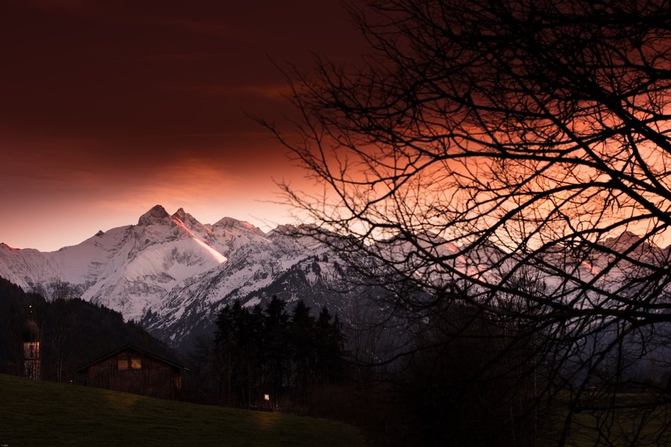 mystical sunset over the alps, germany, allgäu