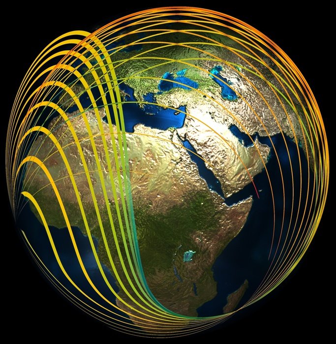 glowing waves around earth globe, drawing