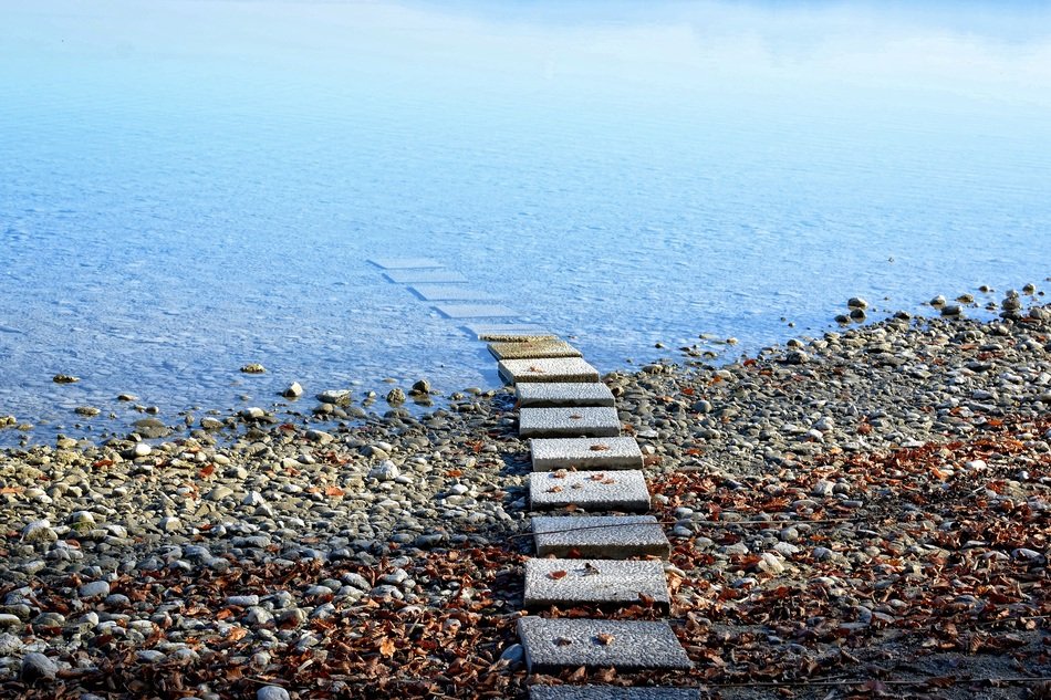 entrance to the water on a pebble beach