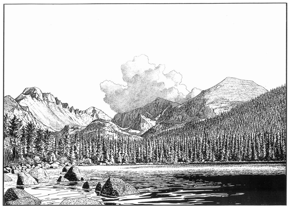 black and white drawing of the rocky mountains in colorado