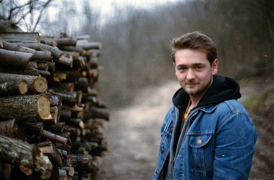 young man in a denim jacket on the background of folded logs