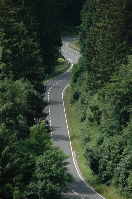 top view of the serpentine road in the forest